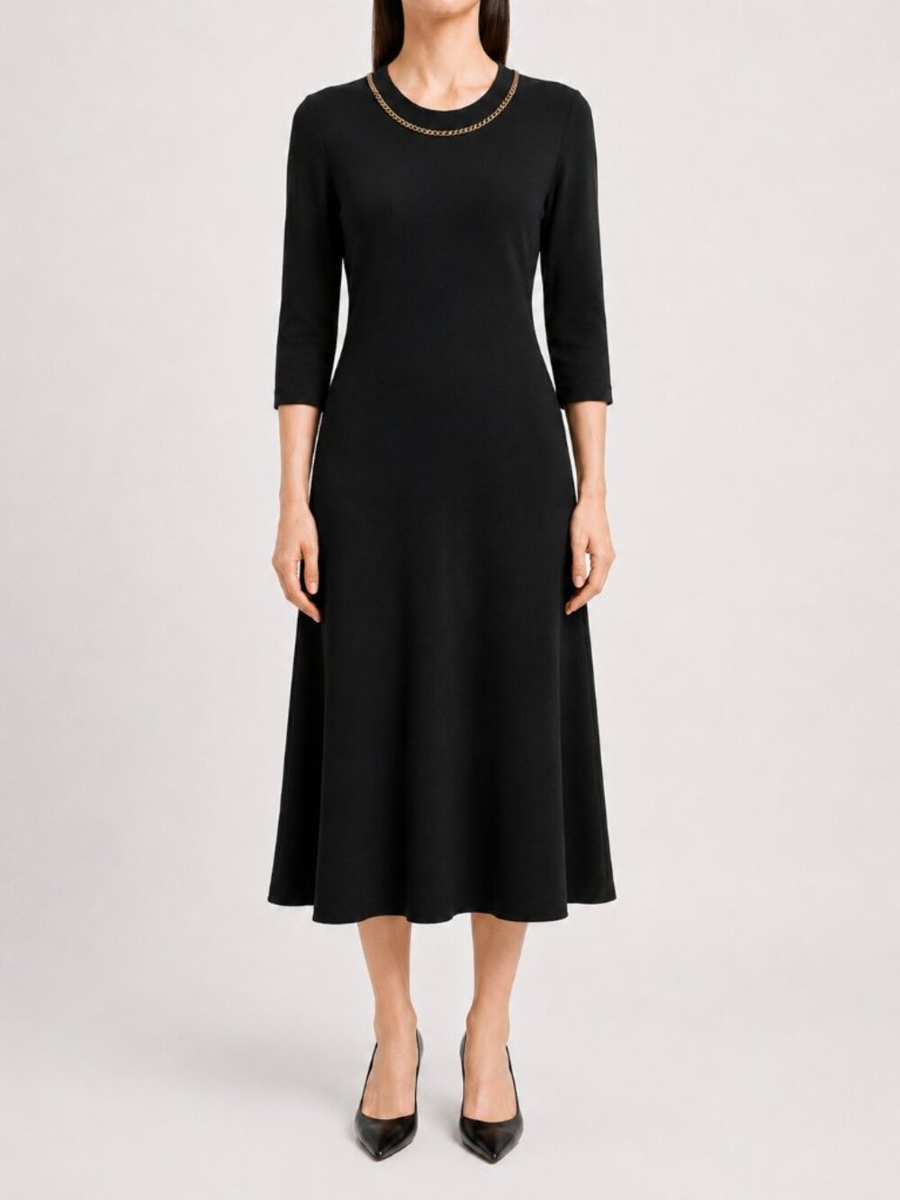 Salvatore Ferragamo Black Wool Midi Dress Gold Chain Neck Size M